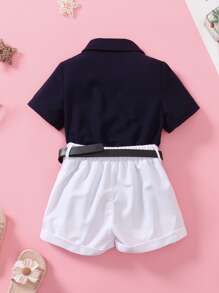 2件套女童纯色拉链Polo衫和短裤休闲套装+腰包