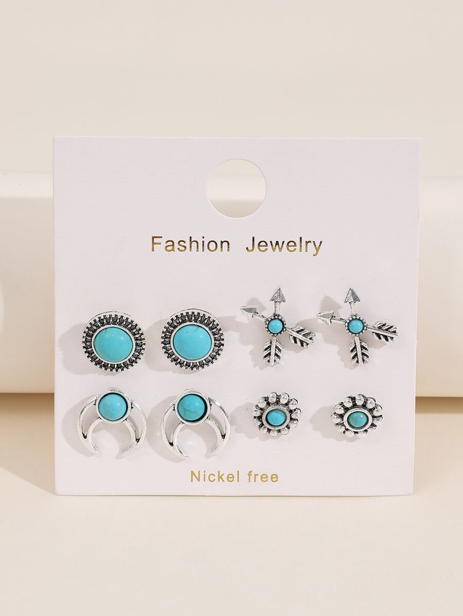 4pairs Arrow & Flower Design Stud Earrings - Multicolor - View 1