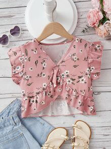 Chicas Blusa con estampado floral ribete con fruncido bajo asimétrico - Rosa - Ver 1
