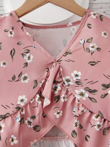 Chicas Blusa con estampado floral ribete con fruncido bajo asimétrico - Rosa - Ver 3