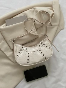 Bolso hobo con cocodrilo en relieve con diseño de tachuela - Blanco - Ver 5