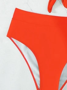 SHEIN Swim Summer Beach Plain Knot Front High Waisted Bikini Set - Burnt Orange - View 3