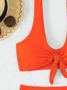 SHEIN Swim Summer Beach Plain Knot Front High Waisted Bikini Set - Burnt Orange - View 4