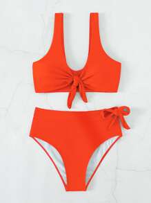 SHEIN Swim Summer Beach Plain Knot Front High Waisted Bikini Set - Burnt Orange - View 5