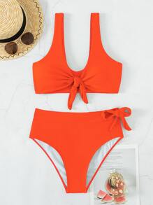 SHEIN Swim Summer Beach Plain Knot Front High Waisted Bikini Set - Burnt Orange - View 6