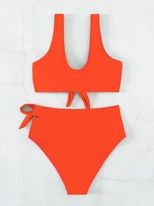 SHEIN Swim Summer Beach Plain Knot Front High Waisted Bikini Set - Burnt Orange - View 7