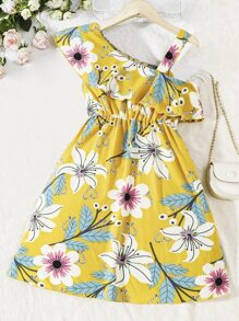 Chicas Vestido con estampado floral de cuello asimétrico ribete con fruncido - Amarillo - Ver 1