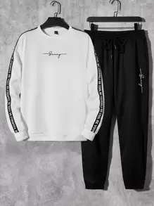 Manfinity RebelGame Men Letter Graphic Raglan Sleeve Pullover & Sweatpants - Black and White - View 1