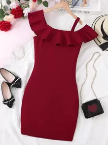 SHEIN Explorewe Chicas adolescentes Vestido de cuello asimétrico ribete con fruncido tejido de canalé - Burdeos - Ver 2