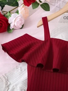 SHEIN Explorewe Chicas adolescentes Vestido de cuello asimétrico ribete con fruncido tejido de canalé - Burdeos - Ver 5