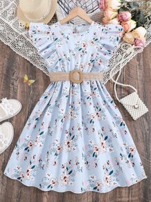 Chicas Vestido con cinturón con estampado floral ribete con fruncido - Celeste - Ver 1