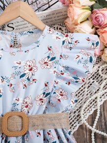 Chicas Vestido con cinturón con estampado floral ribete con fruncido - Celeste - Ver 4