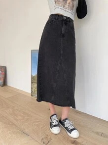 DAZY Chân váy denim cạp cao, xẻ lưng, gấu váy cắt thô - màu đen - Xem 4