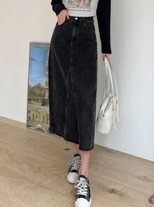 DAZY Chân váy denim cạp cao, xẻ lưng, gấu váy cắt thô - màu đen - Xem 5