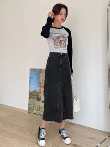 DAZY Chân váy denim cạp cao, xẻ lưng, gấu váy cắt thô - màu đen - Xem 8