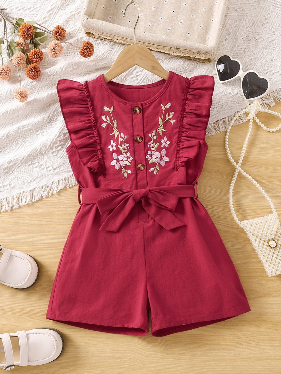 小女童花卉刺繡荷葉邊腰帶連身短褲 - 紅色 - 查看 1