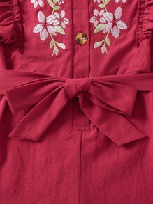 小女童花卉刺繡荷葉邊腰帶連身短褲 - 紅色 - 查看 3