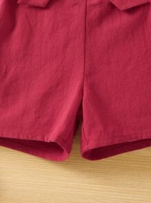 小女童花卉刺繡荷葉邊腰帶連身短褲 - 紅色 - 查看 4