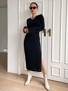 DAZY Solid Split Thigh Backless Zipper Back Dress - Black - View 1