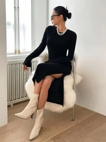 DAZY Solid Split Thigh Backless Zipper Back Dress - Black - View 4