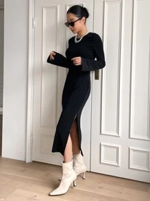 DAZY Solid Split Thigh Backless Zipper Back Dress - Black - View 5