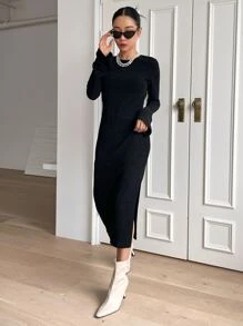 DAZY Solid Split Thigh Backless Zipper Back Dress - Black - View 8