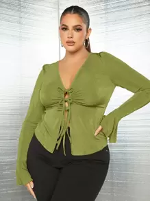 SHEIN SXY 大碼前繫帶荷葉袖T恤