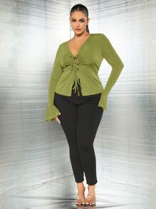 SHEIN SXY 大碼前繫帶荷葉袖T恤