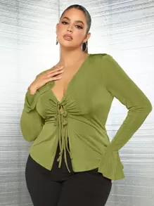 SHEIN SXY 大碼前繫帶荷葉袖T恤