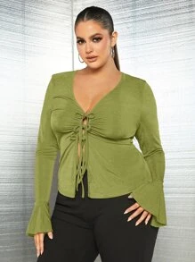 SHEIN SXY 大碼前繫帶荷葉袖T恤