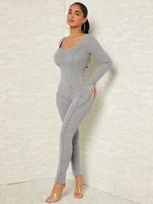 SHEIN SXY Solid Scoop Neck Rib Knit Unitard Jumpsuit - Light Grey - View 1