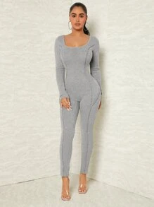 SHEIN SXY Solid Scoop Neck Rib Knit Unitard Jumpsuit - Light Grey - View 4