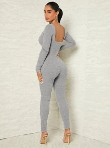 SHEIN SXY Solid Scoop Neck Rib Knit Unitard Jumpsuit - Light Grey - View 5
