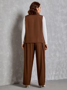 SHEIN Privé Plus Single Breasted Waistcoat & Seam Detail Trousers Without Tee - Chocolate Brown - View 2
