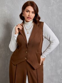 SHEIN Privé Plus Single Breasted Waistcoat & Seam Detail Trousers Without Tee - Chocolate Brown - View 3