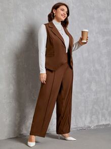 SHEIN Privé Plus Single Breasted Waistcoat & Seam Detail Trousers Without Tee - Chocolate Brown - View 5