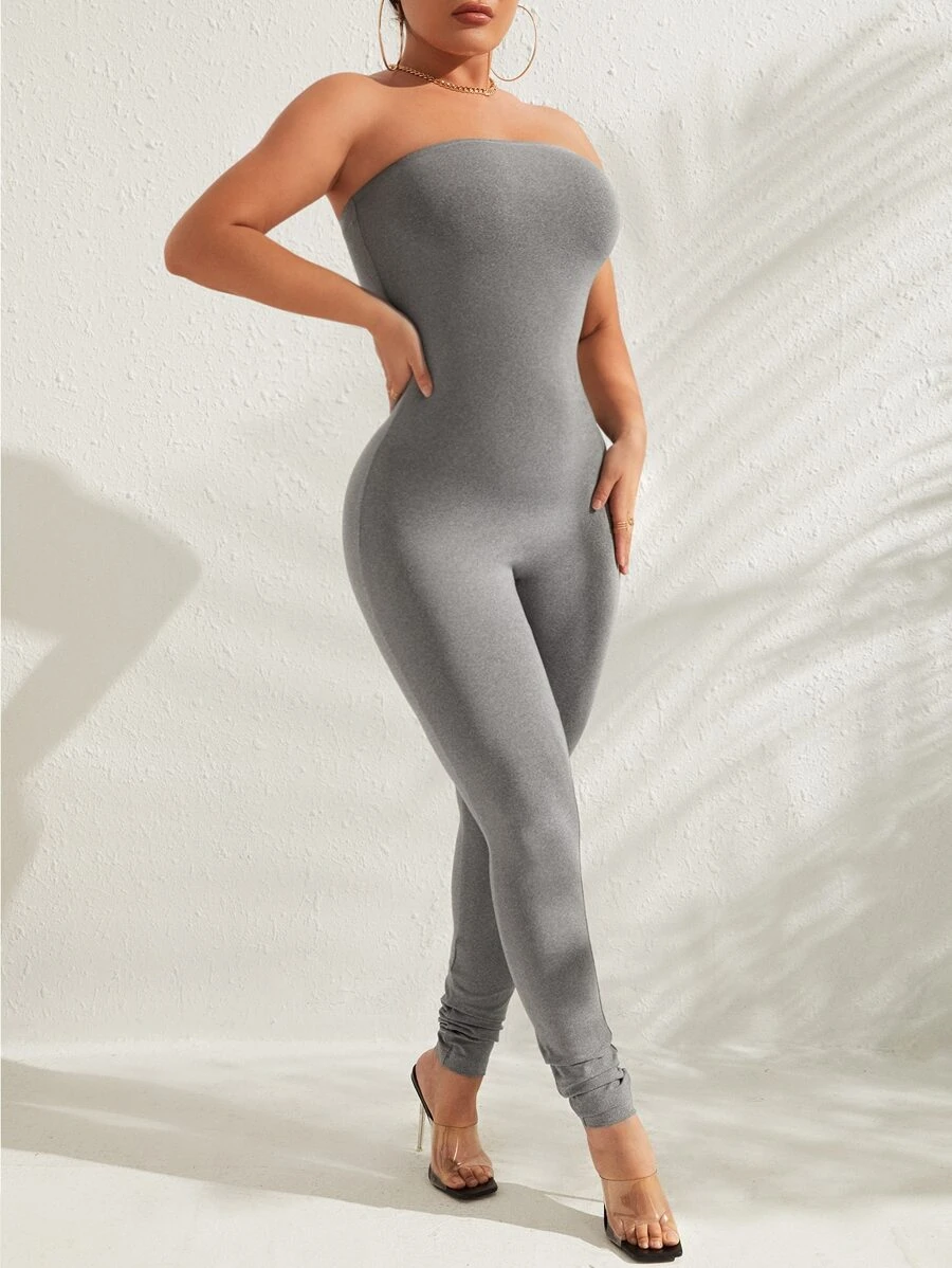 SHEIN SXY 素色露背抹胸彈力緊身連體褲 - 淺灰色 - 查看 1