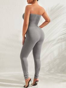 SHEIN SXY 素色露背抹胸彈力緊身連體褲 - 淺灰色 - 查看 2