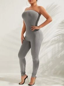 SHEIN SXY 素色露背抹胸彈力緊身連體褲 - 淺灰色 - 查看 3
