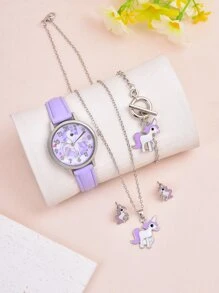 1pc Girls Unicorn Print Dial Quartz Watch & 4pcs Jewelry Set - Purple - View 1