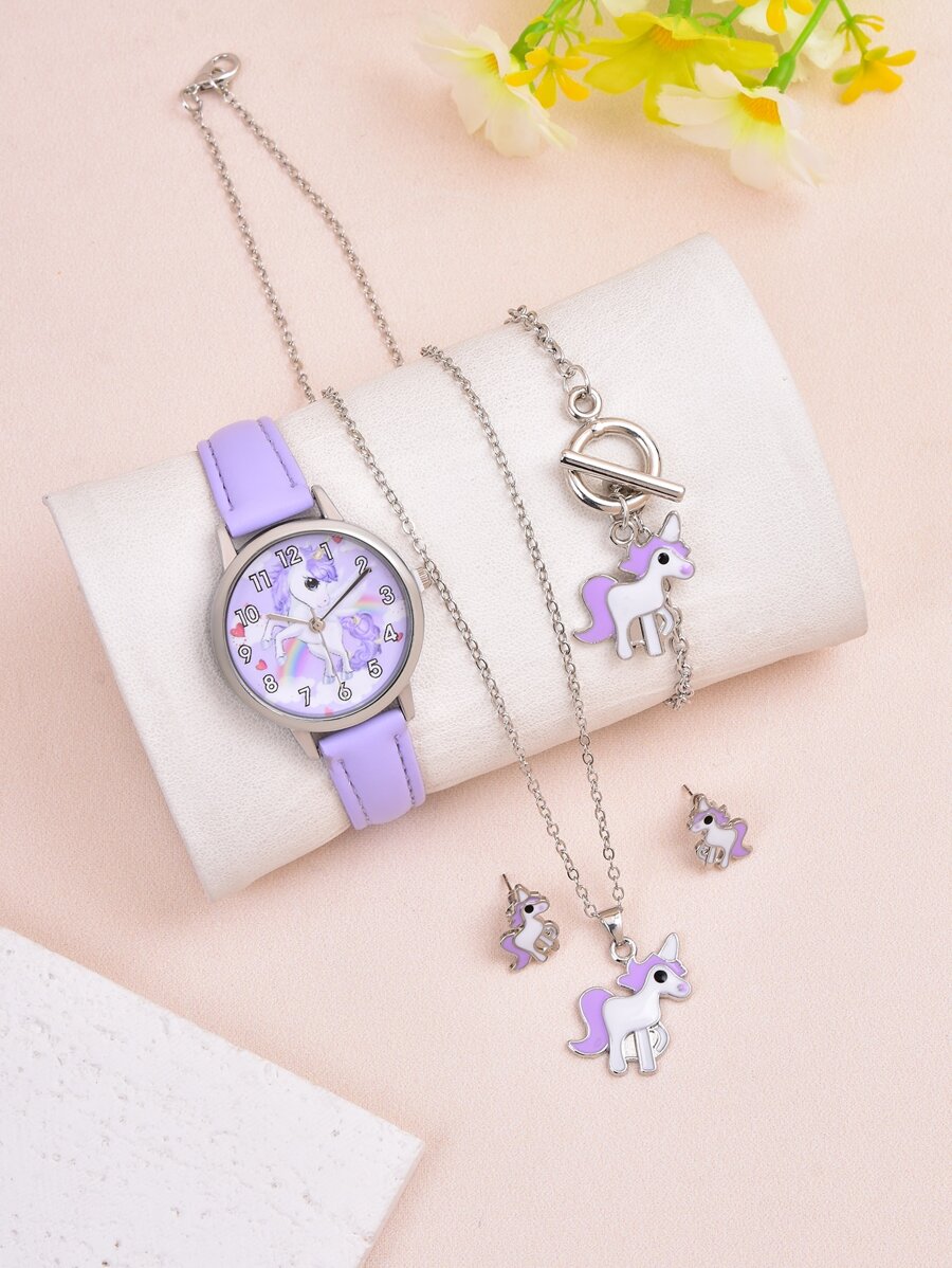 1pc Girls Unicorn Print Dial Quartz Watch & 4pcs Jewelry Set - Purple - View 1