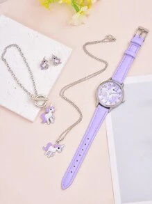 1pc Girls Unicorn Print Dial Quartz Watch & 4pcs Jewelry Set - Purple - View 2
