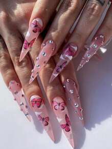 Elevate Your Style with 24pcs Long Almond Butterfly Pattern Rhinestone Fake Nail & 1pc Nail File & 1sheet Tape - Multicolor - View 1