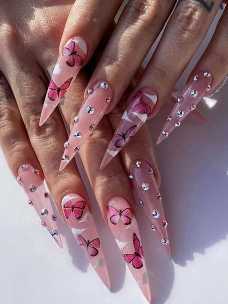 Elevate Your Style with 24pcs Long Almond Butterfly Pattern Rhinestone Fake Nail & 1pc Nail File & 1sheet Tape - Multicolor - View 1