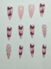 Elevate Your Style with 24pcs Long Almond Butterfly Pattern Rhinestone Fake Nail & 1pc Nail File & 1sheet Tape - Multicolor - View 3