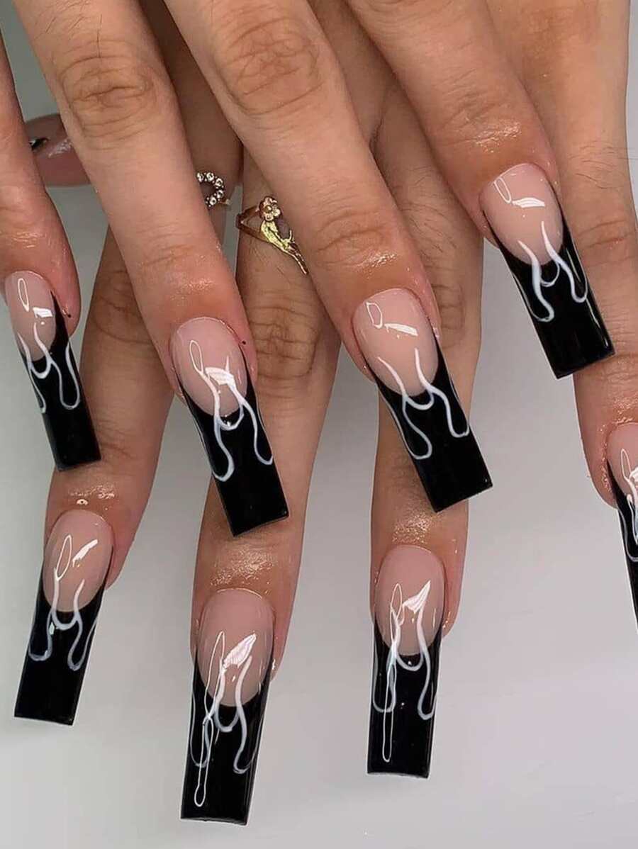 用24片长棺材形黑色法式亮面撞色假指甲、1个指甲锉和1张指甲胶带打造迷人美甲 - 彩色 - 查看 1