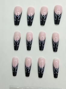 用24片长棺材形黑色法式亮面撞色假指甲、1个指甲锉和1张指甲胶带打造迷人美甲 - 彩色 - 查看 3