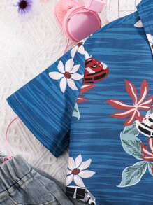 Áo cánh Gái Nút phía trước Hoa Boho - Màu xanh lam - Xem 3