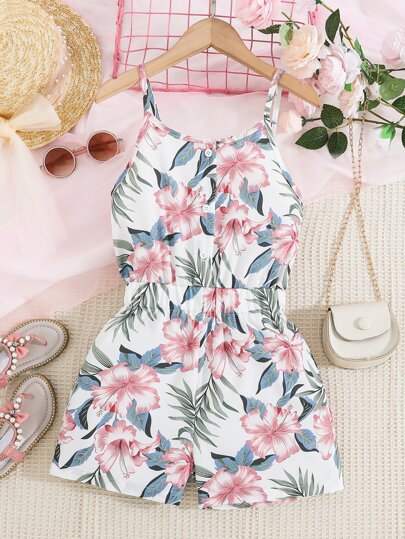 Tween Girl Tropical Print Cami Romper