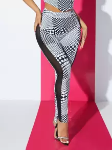 SHEIN SXY 波卡圓點嵌入網紗緊身打底褲 - 黑與白 - 查看 1